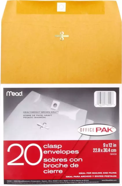 Mead Clasp Envelopes, Mailing Envelopes, 9” x 12” Manila Envelopes with Clas