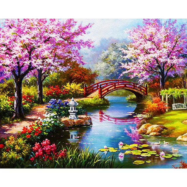 DIY Paint By Number Kit Small Bridge Flowing Water Acrylic Paint Art Craft Decor