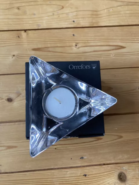 Orrefors Glass Votive Candle Holder Triangular Swedish Glass