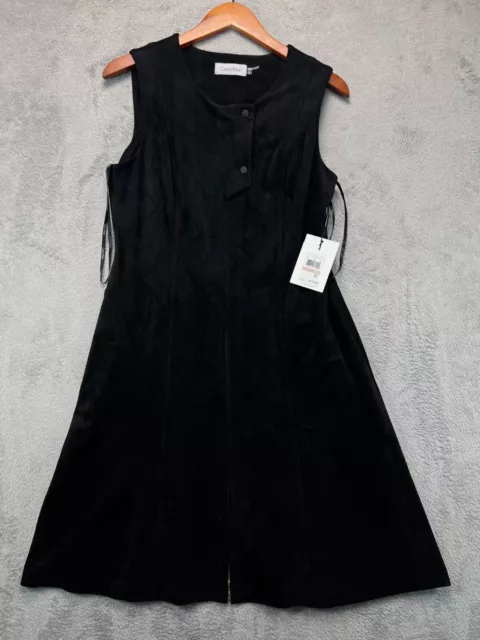 NWT Calvin Klein Faux Suede Dress Womens 12 Black Front Zip Sleeveless MSRP 175$