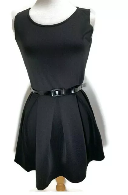 BOOHOO Size 10 Skater Dress Black Box Pleat Sleeveless Belted Scuba Mini LBD