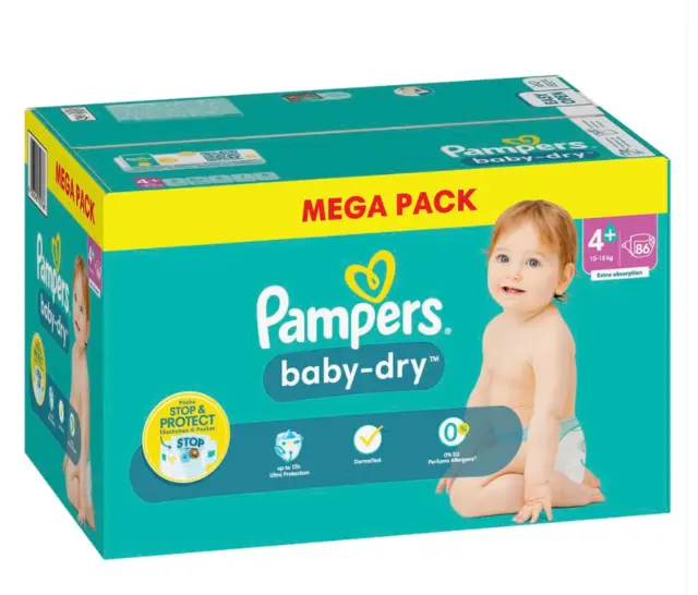 Mega Pack 86 Couches PAMPERS Baby-Dry Taille 4+ Super 10 à 15 KG Lot Change Bébé