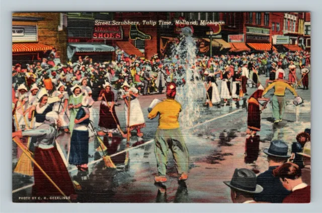 Holland, Tulip Time Parade Dutch Maids Street Scrubbers VintageMichigan Postcard