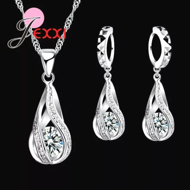 925 Sterling Silver Cubic Zirconia Crystal Pendant Necklace and Earring Set *UK*