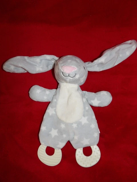 Doudou Plat Lapin Gris Blanc Etoiles Anneau Dentition ACTION NEUF