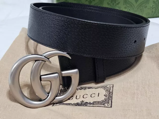 Authentic Gucci Black Leather Belt Silver GG 36-38
