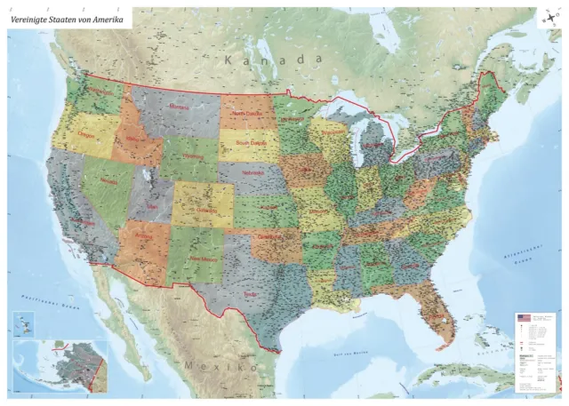 XL USA Landkarte Amerika Poster mit allen Staaten in 140 x 100 cm