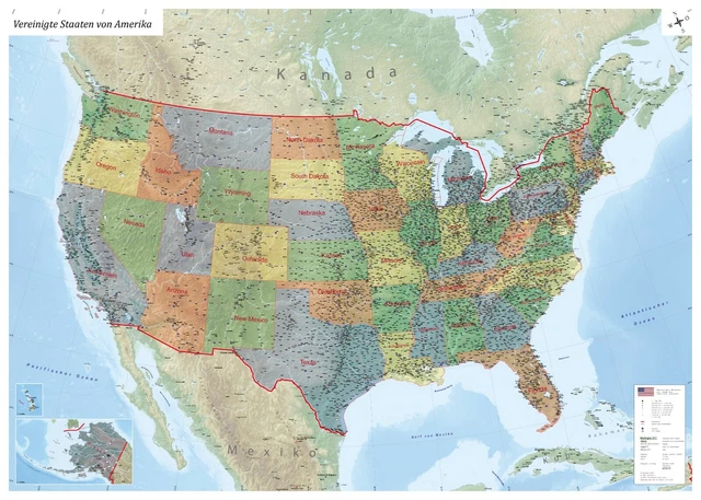 XL USA LANDKARTE Amerika mit allen Staaten mit Laminierung 140 x 100 cm