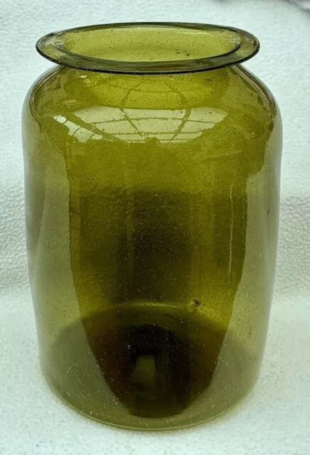 Antique 19th C. Olive Yellow Green Free Blown Glass Storage Jar