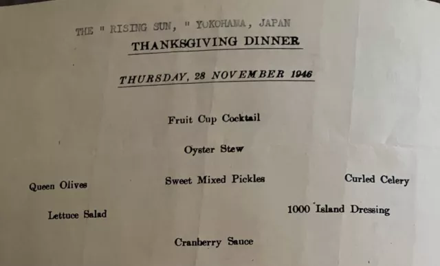 Rare 1946 Yokohama,Japan, Us Army Thanksgiving Menu, Excellent  Condition 2