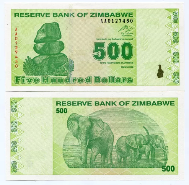 Zimbabwe $500 New Dollar 2009 Uncirculated Super Rare Banknote - P98