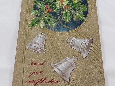 C 1908 Holly Berries Silver Merry Christmas Bells Winsch Embossed Postcard