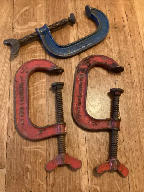 3  Vintage No4 G-clamps 2 Are Marbles And The Other One Is A  Record Good W.O.