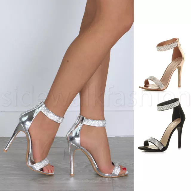 Womens ladies high heel ankle strap diamante sandals party evening shoes size