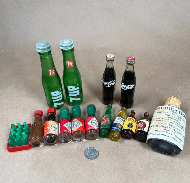 Vtg Lot Of Miniature Bottles Coca Cola Caps Ca Liquid 7UP Tobasco Beer Labels