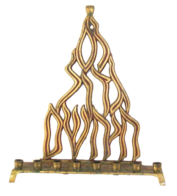 Judaica Menorah Hanukkah Vintage Israel Flame Nes Gadol Red Signed KL Hakuli