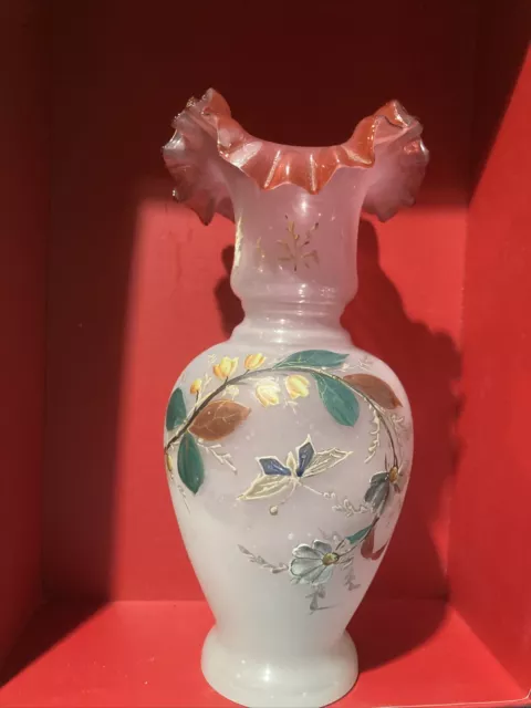 Antique Victorian Cranberry Bristol Glass Hand Painted Butterfly 9” Ruffled Vase