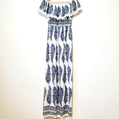 Haute Monde Size M Off the Shoulder Maxi Dress Slit Sides Blue Floral Summer