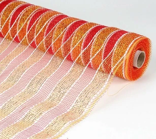DECO MESH ROLL, 21” x 10 Yds, Laser Stripe Holiday Red Gold, Wreath Craft