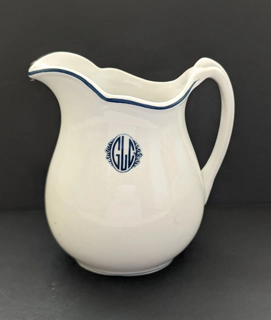 Antique Syracuse China Restaurant Ware Pitcher Blue & White Logo O. P. CO 1923