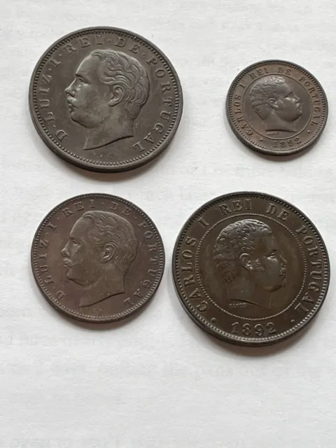 4 Portugal coins, 20 Reis 1883 VF,  1892 XF,   10 Reis 1883 VF, 5 Reis 1892 XF.