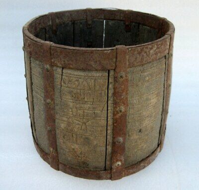 Antique Old Grain Measurement Hand Carved Wood Iron Tribal Primitive Kitchen Pot