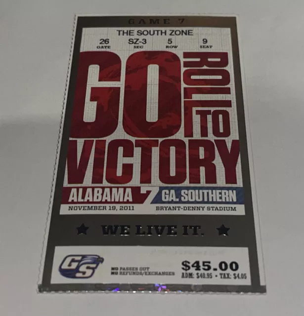 Alabama Football Vs Georgia Southern game Day ticket Stub. 2011