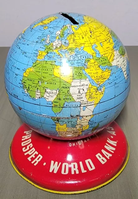 Vintage Ohio Art Co Globe World Bank Tin Toy Coin Savings Metal 4” USA