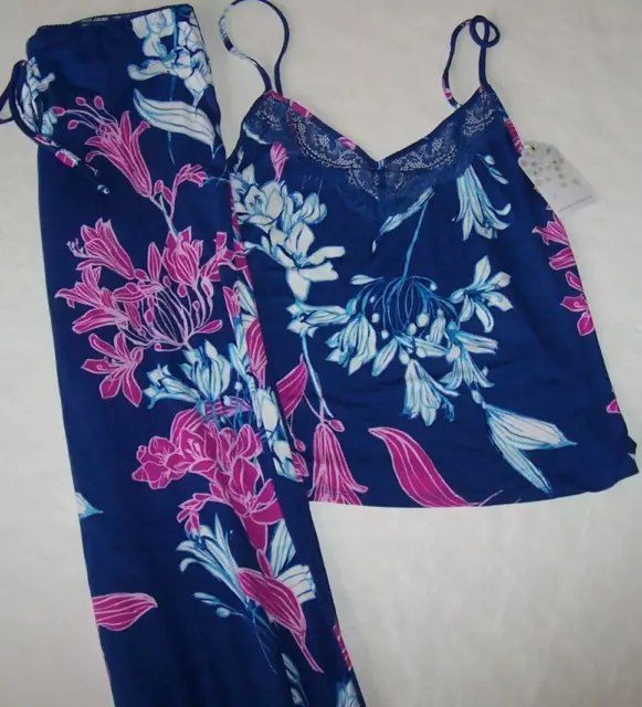 NWT In Bloom by Jonquil ROYAL BLUE/PINK FLORAL Knit Pajama Set M LACE Trim NICE