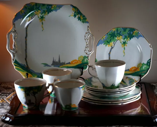 Thomas Hughes & Son, Longport, Green & Yellow Art Deco 1920' Tea Set, 13 Pieces 3