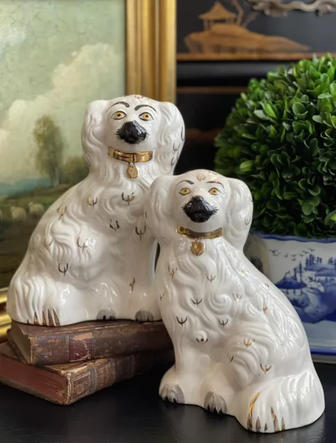 Sumptuous English Beswick Staffordshire White Spaniel Hunt Mantle Dog Pair 8” 3