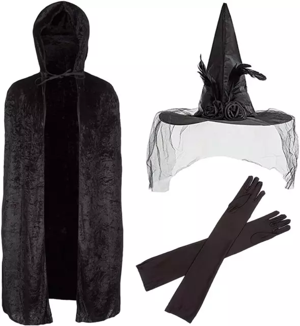 Ladies 3pc Witch Costume Halloween Black Velvet Cape Hat & Gloves Fancy Dress