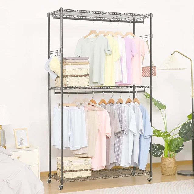 3-Tire Garment Rack Portable Wardrobe Rack +Double Hanging Bar 2 Hanger Storage