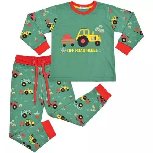 Kids Girls Boys Pyjamas Tractor Contrast Top Bottom Sleepwear Set 2-13