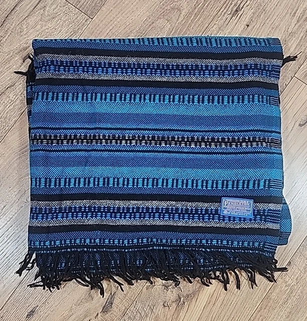 PENDLETON Woolen Mills Afghan Fringe Throw Blanket Blue Plaid 48"x66" USA EUC