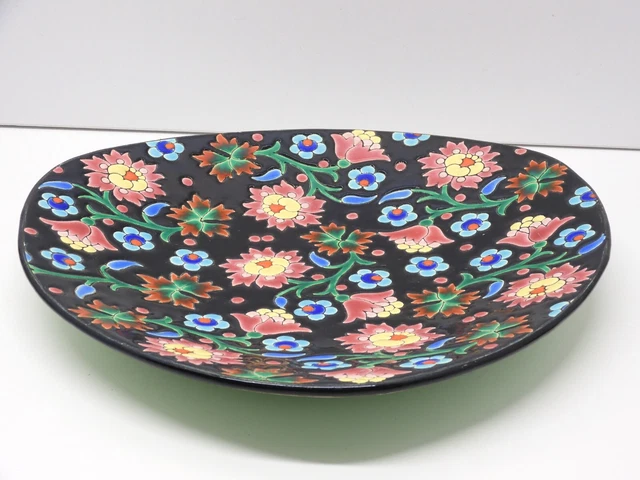 *BELLE ANCIENNE ASSIETTE CERAMIQUE  LONGWY NOIRE FLEURS MULTICOLORES Déco 5670 D 20