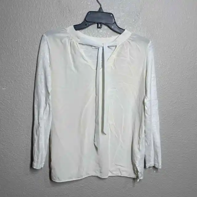 Sandro Size 1/Small Neck Bow Top Blouse White 100% Linen Keyhole Long Sleeves