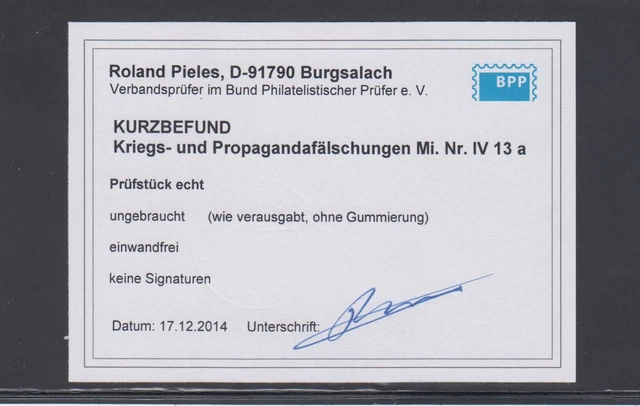 Kriegs - und Propagandafälschungen, Minr. 13 IV a, ohne Gummierung