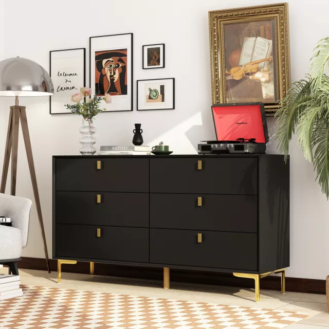 6 Drawer Dresser for Bedroom Handle Gold Wood Storage Chest of Drawer Organize