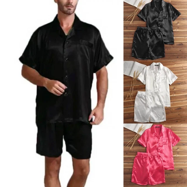 Set pigiami uomo seta raso maniche corte bottone camicia, corta, biancheria da notte,