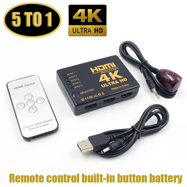 HDMI Switch 4K Splitter 5 Port Selector Switcher Hub IR Remote HDTV 5 In 1 Out