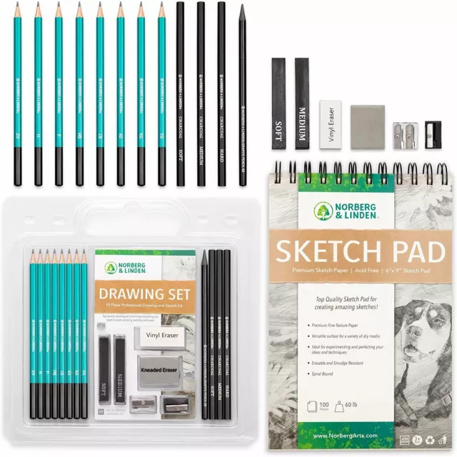 Drawing Set - Sketching and Charcoal Pencils - 100 Page Drawing Pad, Kneaded...