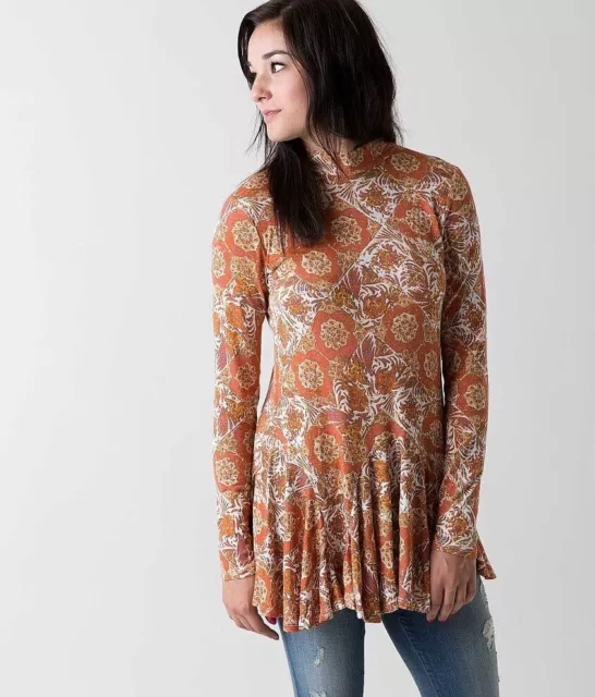 FREE PEOPLE Size LARGE Orange Floral ANNABELLE TUNIC Top Mini Dress Women’s