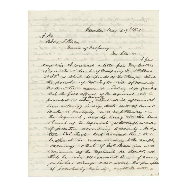 Civil War Letter by Gen. George Robeson to NJ Gov. — Promotion for Son in 3rd NJ