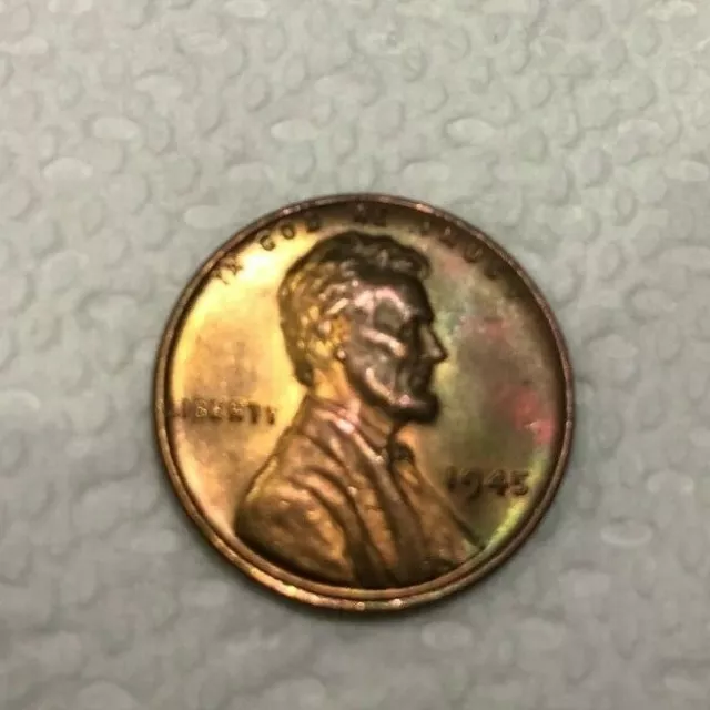 1945-P Lincoln Wheat Penny Cent Gem Uncirculated  Rainbow Toned Color