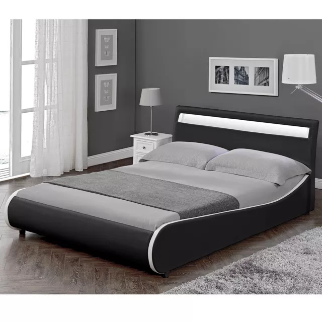 Corium® Cama doble tapizada LED 140x200 cm negra, base de cama, cuero sintético