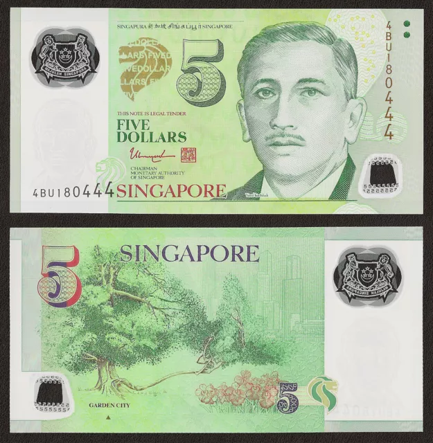 SINGAPORE 5 Dollars w/1 Triangle 2014 P-47d Polymer UNC Uncirculated