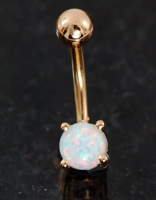 1 Pc Gold IP Plated Prong Set 6mm White Opal Navel Belly Button Ring 14g 3/8"