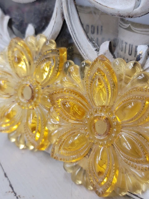 2 Antique Victorian Pressed Glass Curtain Tie Backs In Amber Medallion Flowers 2