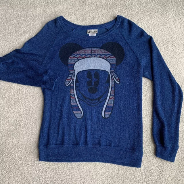 Disney Parks Sweater Women's Medium Blue Mickey Mouse Hat Logo Knit Winter